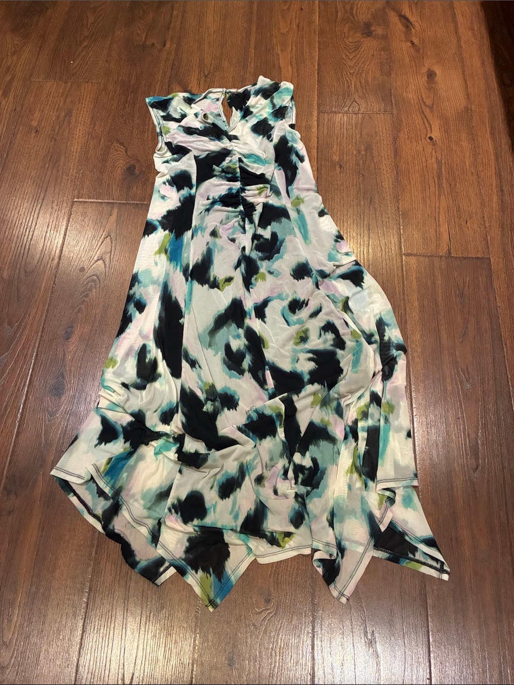 Abstract Print Sleeveless Handkerchief Hem Dress - Black & Mint
